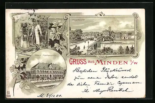 Lithographie Minden i. W., Totalansicht mit Weserbrücke