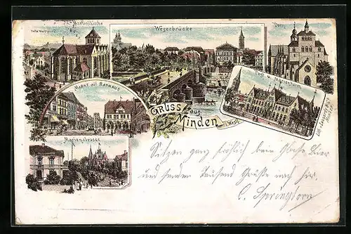 Lithographie Minden i. W., Markt mit Rathaus und Weserbrücke