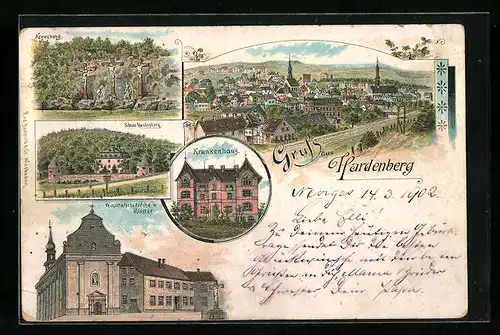 Lithographie Hardenberg, Totalansicht mit Krankenhaus