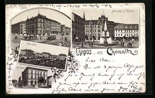 Lithographie Chemnitz, Ortsansicht mit Börse und Schlachthof