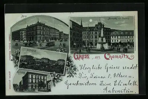 Mondschein-Lithographie Chemnitz, Neumarkt mit Fontaine