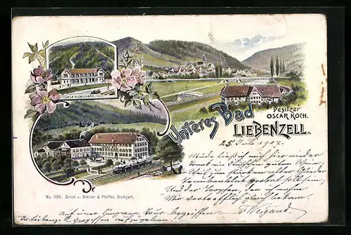 Lithographie Bad Liebenzell, Totalansicht mit Klein Wildbad