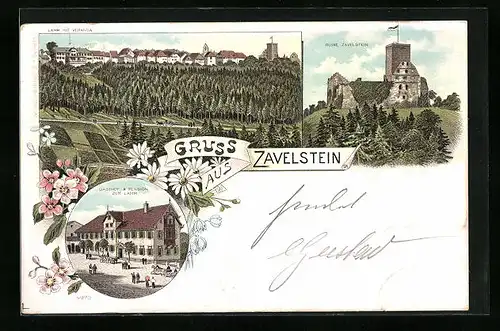 Lithographie Zavelstein, Ortsansicht mit Ruine und Gasthof zum Lamm