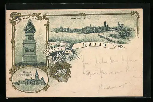 Lithographie Hanau a. M., Totalansicht mit Denkmal Philipp Ludwig II.