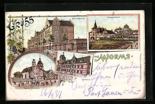 Lithographie Worms, Neue Kaserne und Festspielhaus