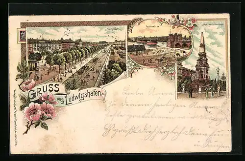 Lithographie Ludwigshafen, Totalansicht mit Rheinbrücke
