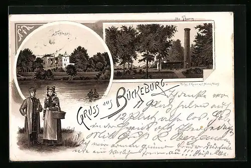 Vorläufer-Lithographie Bückeburg, Ortsansicht mit Schloss und Thurm 1894