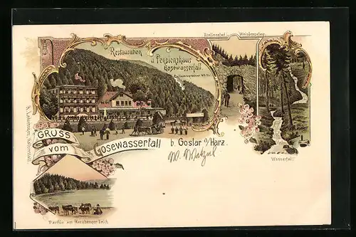 Lithographie Goslar a. Harz, Ortsansicht mit Restauration und Wasserfall