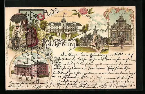Lithographie Bückeburg, Schloss und Neues Palais