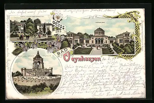Lithographie Oeynhausen, Thermalbad und Dekmal Kaiser Wilhelm I.