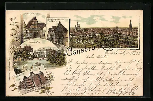 Lithographie Osnabrück, Totalansicht mit Gasthof z. Walhalla