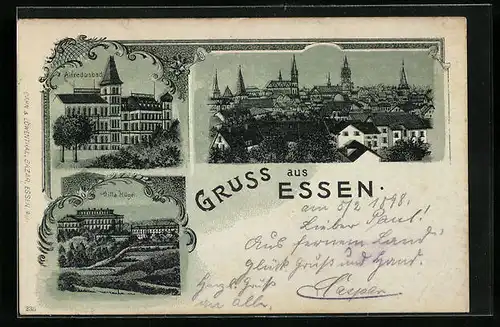 Mondschein-AK Essen, Alfredusbad, Villa Hügel, Teilansicht aus der Vogelschau