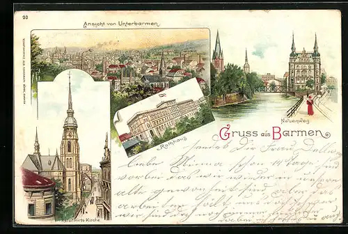 Lithographie Barmen, Ortsansicht Unterbarmen, Rathhaus, Neuenweg