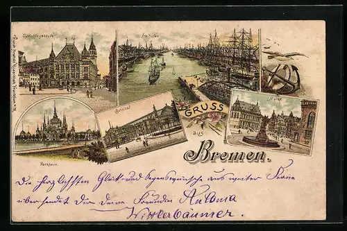 Lithographie Bremen, Freihafen, Gericht, Parkhaus, Bahnhof