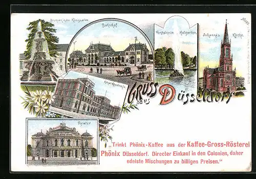 Lithographie Düsseldorf, Bahnhof, Johanniskirche, Theater, Kunst-Akademie