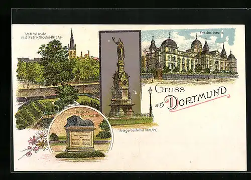 Lithographie Dortmund, Vehmlinde mit Petri-Nicolai-Kirche, Fredenbaum, Kriegerdenkmal