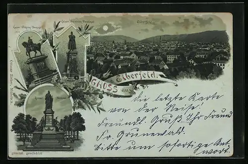 Mondschein-AK Elberfeld, Ortsansicht, Kaiserdenkmäler, Kriegerdenkmal