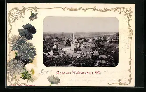 Passepartout-Lithographie Volmarstein i. W., Ortsansicht aus der Vogelschau, Blumen