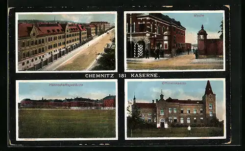 AK Chemnitz, 181 Kaserne - Ansicht mit Strasse, Eingang, Mannschaftsgebäude, Offizierskasino