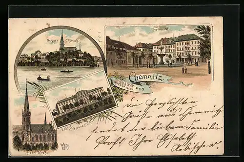 Lithographie Chemnitz, Wasserpartie mit Schloss, Neumarkt, Gymnasium