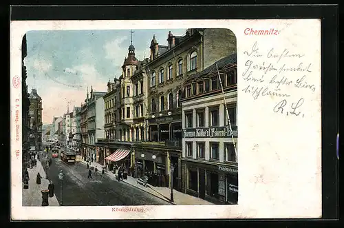 AK Chemnitz, Partie in der Königstrasse, mit Passanten, Strassenbahnen und Fahrrad-Handlung Köhler