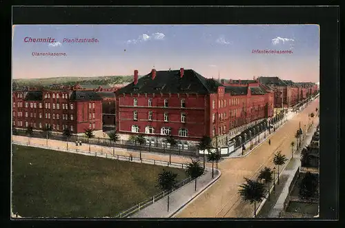 AK Chemnitz, Ulanen- und Infanteriekaserne an der Planitzstrasse aus der Vogelschau