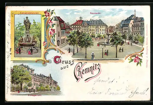 Lithographie Chemnitz, Saxoniabrunnen, Partie am Neumarkt, Amtsgericht