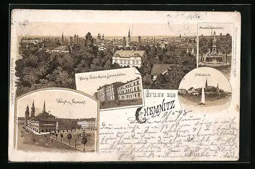 Lithographie Chemnitz, Teilansicht aus der Vogelschau, Schlossteich, Kgl. Tech. Staats-Lehranstalten