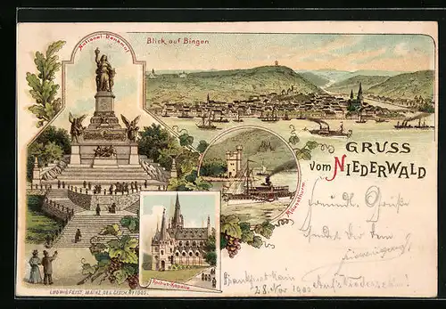 Lithographie Bingen, National-Denkmal am Niederwald, Rochus-Kapelle, Ortsansicht