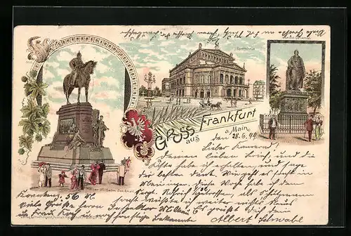 Lithographie Frankfurt /Main, Kaiser-Wilhelm-Denkmal, Opernhaus und Goethe-Denkmal, Wappen