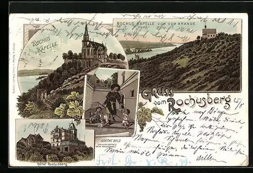 Lithographie Bingen /Rh., Rochus-Kapelle vor dem Brande, Hotel Rochusberg, Goethe-Bild