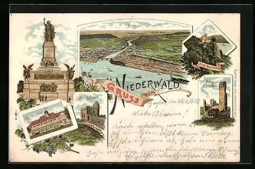 Lithographie Bingen /Rh., Ortsansicht aus der Vogelschau, Jagdschloss, Burg Ehrenfels, Nationaldenkmal