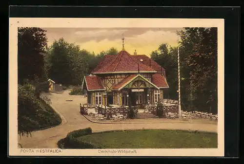 AK Minden i. W., Denkmals-Wirtschaft Porta Westfalica mit Garten aus der Vogelschau