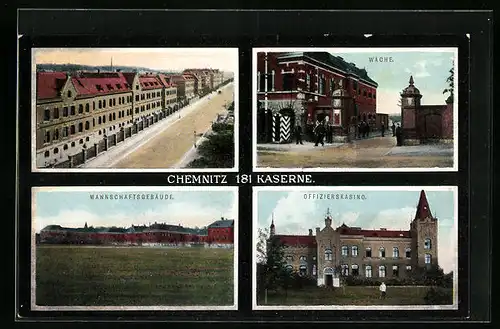 AK Chemnitz, 108 Kaserne - Offizierskasino, Mannschaftsgebäude, Strassenansicht, Wache mit Wachsoldaten