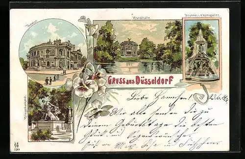 Lithographie Düsseldorf, Blickauf das Theater, Kunsthalle, Brunnen i. d. Königsallee