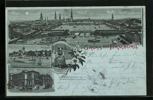 Mondschein-Lithographie Hamburg, Totalansicht, Ortspartie aus der Vogelschau, Börse