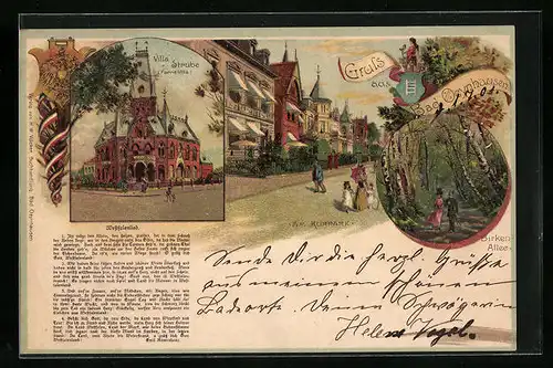 Lithographie Bad Oeynhausen, Strassenpartie am Kurpark, Villa Strube, Westfalenlied