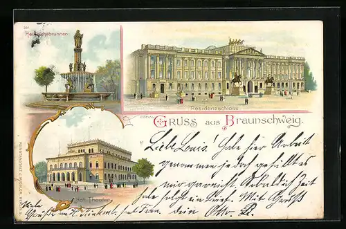 Lithographie Braunschweig, Blick auf das Residenzschloss, Hof-Theater