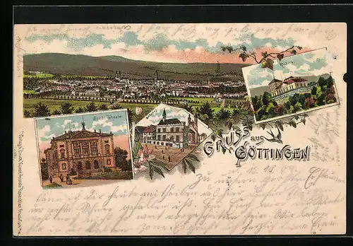 Lithographie Göttingen, Totalansicht, Blick zum Stadt-Theater