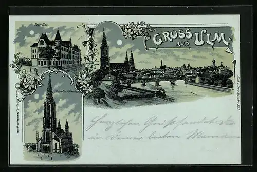 Mondschein-Lithographie Ulm, Partie an der Brücke mit Münster, Saal-Bau