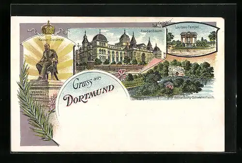 Lithographie Dortmund, Blick auf den Louisen-Tempel, Kaiser-Denkmal