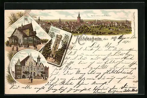 Lithographie Hildesheim, Totalansicht mit dem Gasthaus von G. Fischer, Gasthaus auf dem Galgenberg, Rathaus