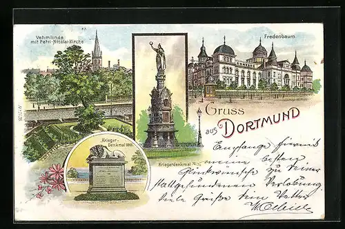 Lithographie Dortmund, Blick auf das Krieger-Denkmal, Petri-Nicolai-Kirche, Fredenbaum