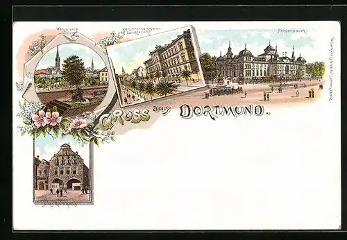 Lithographie Dortmund, Blick auf Fredenbaum mit Pferdebahn, Vehmlinde, Kaiserstrasse mit Landgericht