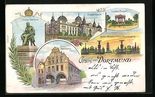 Lithographie Dortmund, Blick zum Kaiser-Denkmal, Louisen-Tempel