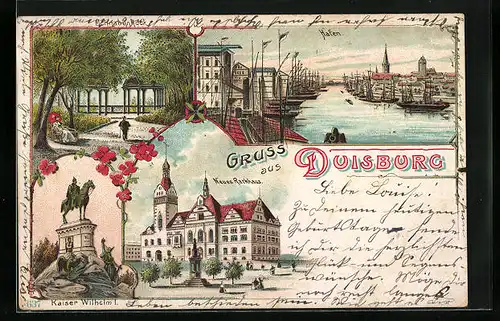 Lithographie Duisburg, Blick auf den Hafen, Kaiser-Wilhelm I.-Denkmal