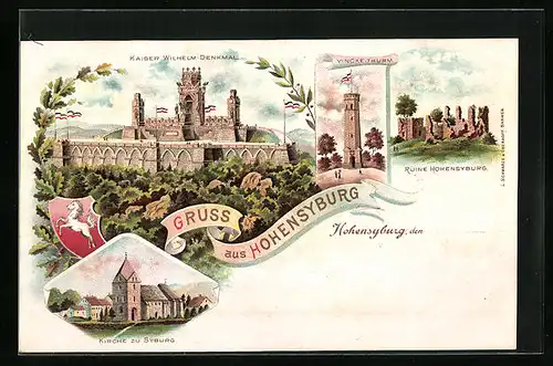 Lithographie Hohensyburg, Blick zur Kaiser Wilhelm-Denkmal, Vincke-Turm, Wappen