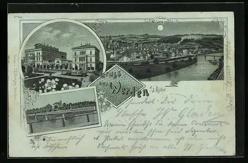 Mondschein-Lithographie Werden a. d. Ruhr, Totalansicht bei Vollmond, Partie an der Brücke