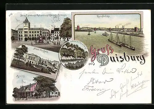 Lithographie Duisburg, Schiffe vor der Rheinbrücke, Burgplatz mit Rathaus, Monning mit Gasthof