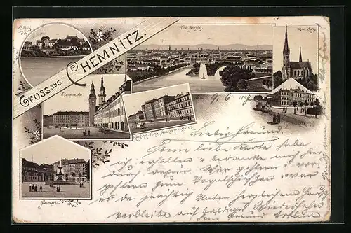 Lithographie Chemnitz, Totalansicht, Petri-Kirche, Hauptmarkt